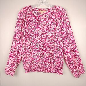 NWOT Hope & Harlow Floral Pattern V Neck w/ Smocked Detail in Pink/White Sz. L